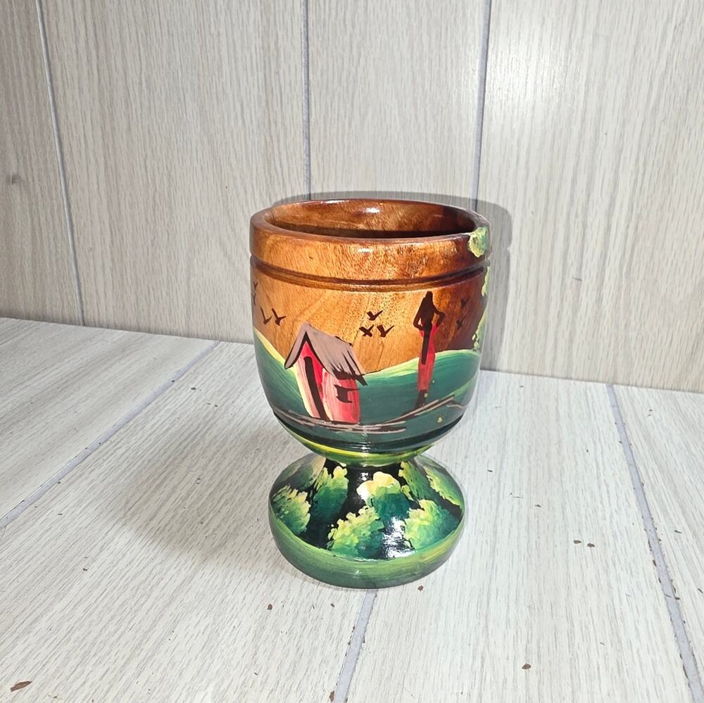 Vtg Handcrafted Handpainted Wooden Goblet Chalice Farm/Country Scene Cottagecore